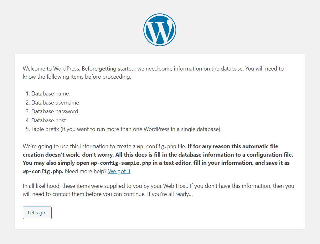 WordPress welcome page